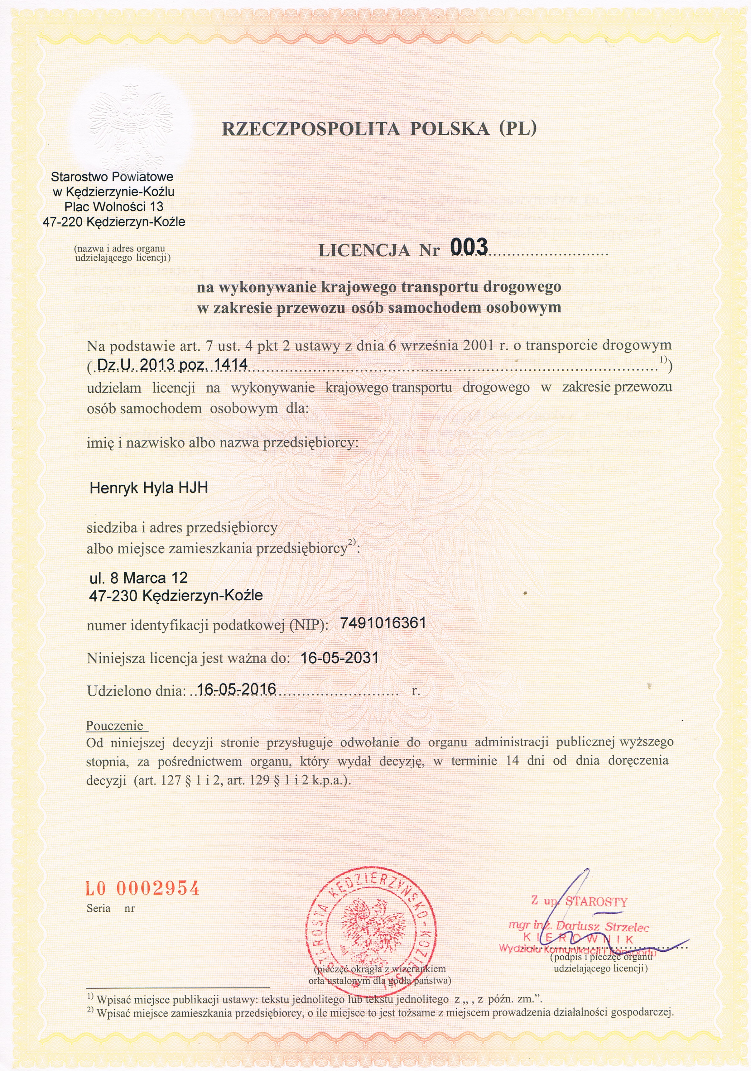 Licencja krajowa auto osobowe